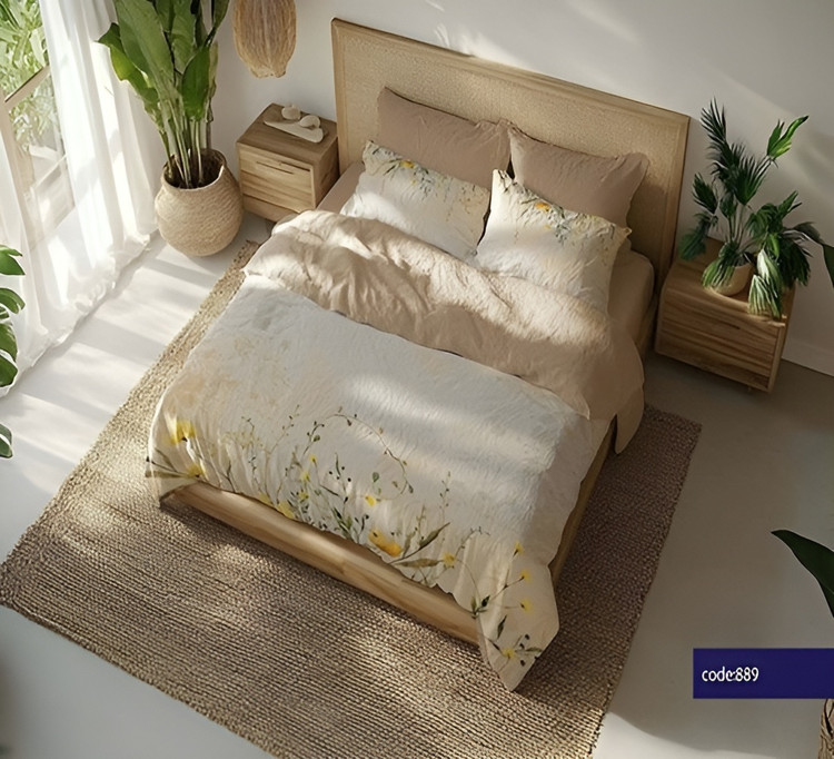 نمای چیدمان کامل ست روتختی چاپ دیجیتال روی تخت خواب